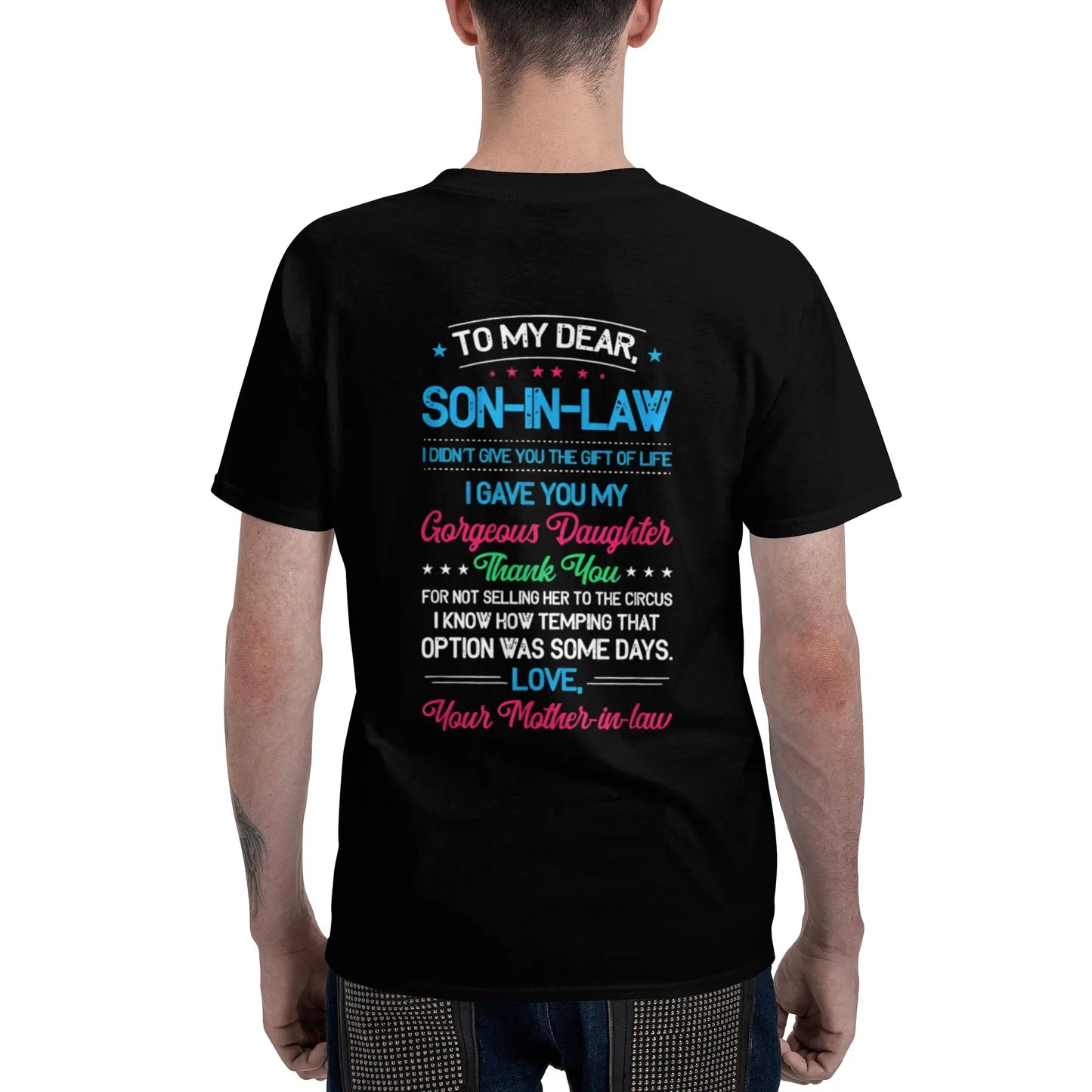 Menswear Oversized Short-Sleeve T-Shirt - Funny Son-in-Law Gift, "I Didn't Give You the Gift of Life" Graphic Top, Black with Blue & Pink Print, All-Season Comfort, Machine-Washable Casual Round Neck, Father's Day/Wedding Present
