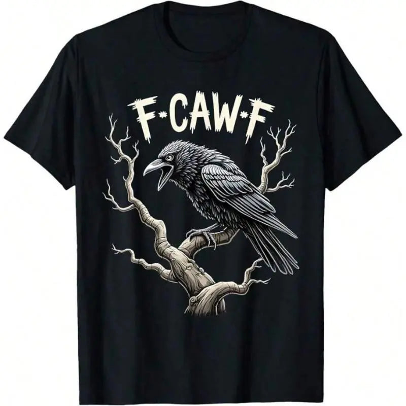 Men's Graphic T-Shirt, Gothic "F-Caw-F" Raven Print, Vintage Cotton Short Sleeve Round Neck Streetwear, Tshirt