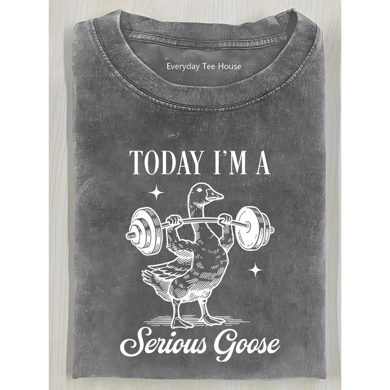 Men's Distressed 'Serious Goose' Funny Graphic Heavyweight Cotton Vintage Short-Sleeve Crew Neck Loose Fitted Casual Style Tee - Machine Washable Meme Streetwear Top, Back to School All Seasons Menswear