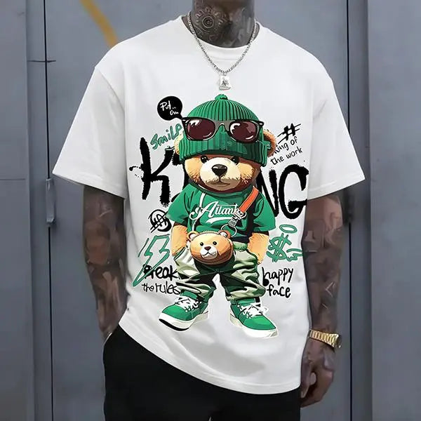 Streetwear hip-hop teddy bear print men’s T-shirt, Harajuku retro casual short-sleeve top, Y2K-style loose trendy tee. tiktokshopspringglowup