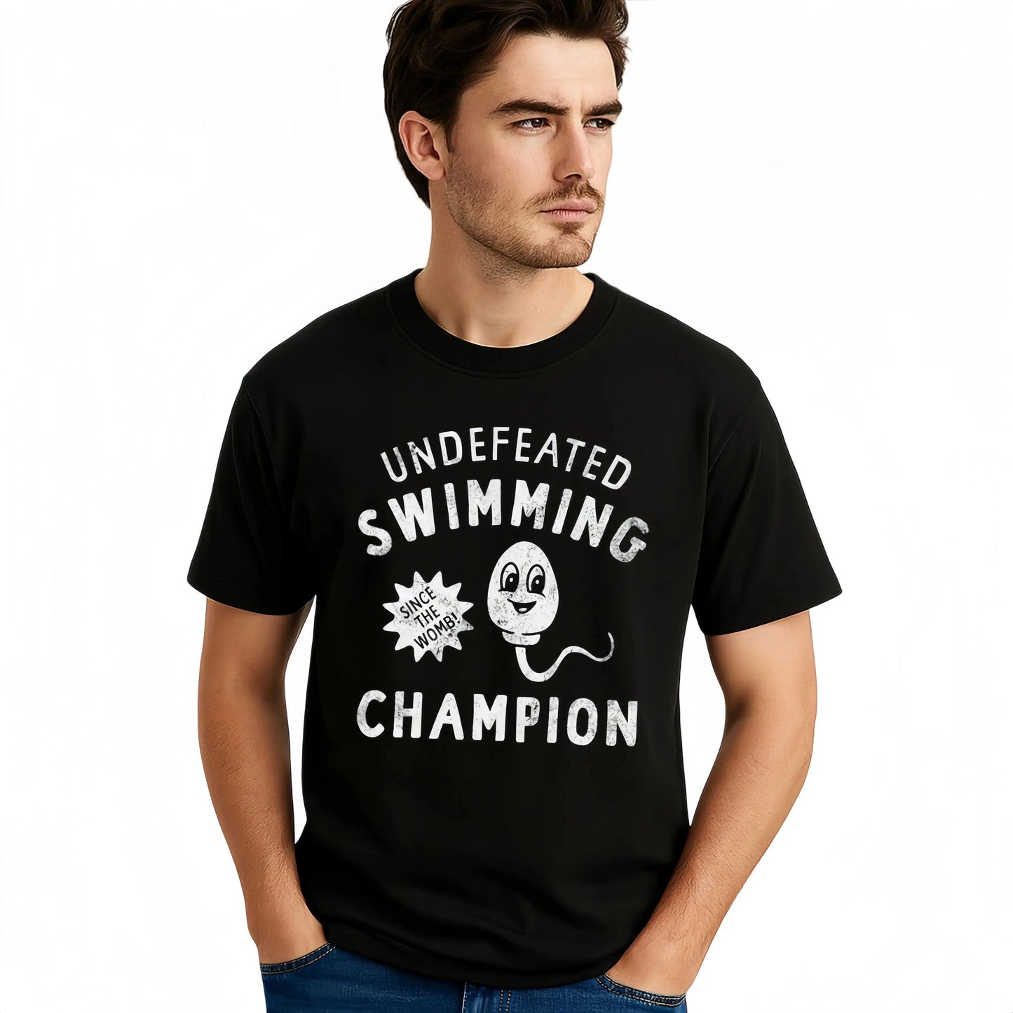 Undefeated Swimming Champion T-Shirt, Funny Sperm Meme Graphic Tee, Distressed Cotton Humor Top, Novelty Gift for Men, Unique Birthday & Bachelor Party Present