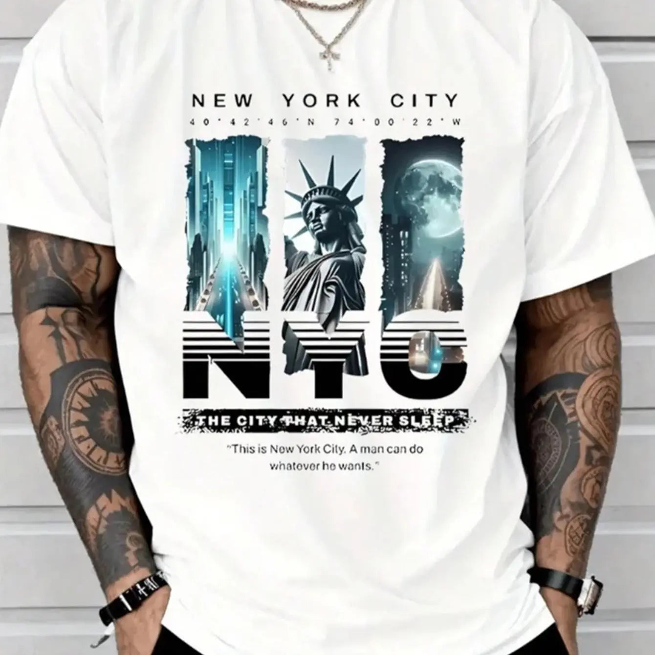 Men’s NYC “Eternal City” printed T-shirt, New York street-style short sleeve, Statue of Liberty themed casual top. tiktokshopspringglowup