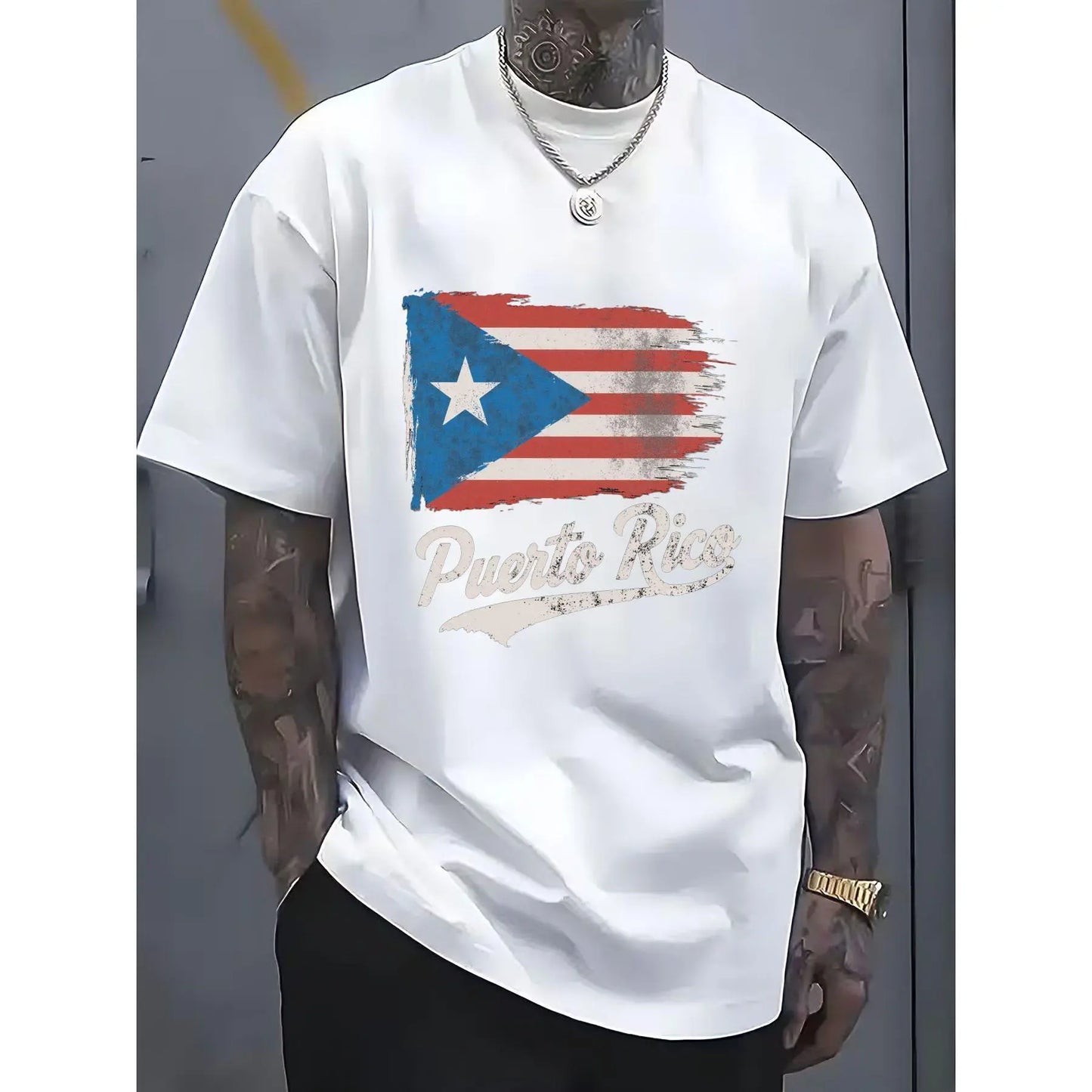 100%25 Single-Sided Crew Neck T-shirt | Distressed Puerto Rican Flag with Puerto Rico Text in White Cursive Font, Multicolor, Casual Outfit, Perfect for Festival Gift Giving