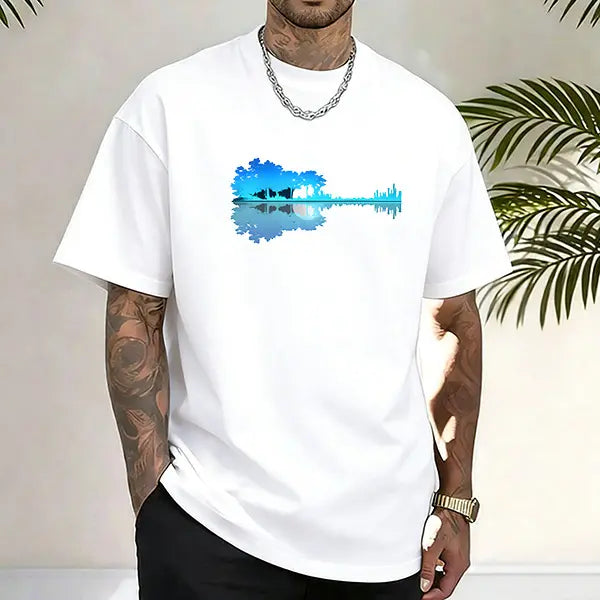 Men’s guitar lake reflection graphic T-shirt, soft cotton blend, perfect for music lovers, nature enthusiasts, casual streetwear, and everyday artistic outfits.