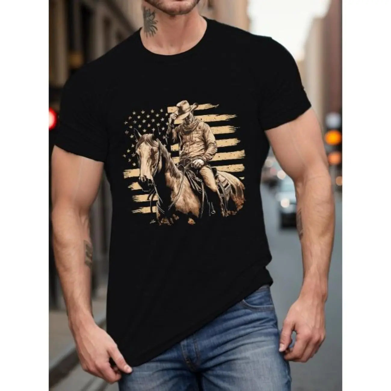 Men's Cowboy On Horse Print Tshirt - Menswear Top, Casual Summer Short Sleeve Round Neck Breathable Knit Tee Made In USA