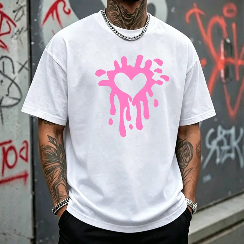 Men’s melting heart graffiti graphic T-shirt, streetwear-inspired love design tee, casual crew neck top, bold urban style shirt for everyday wear, street outings, casual meetups, and nights out