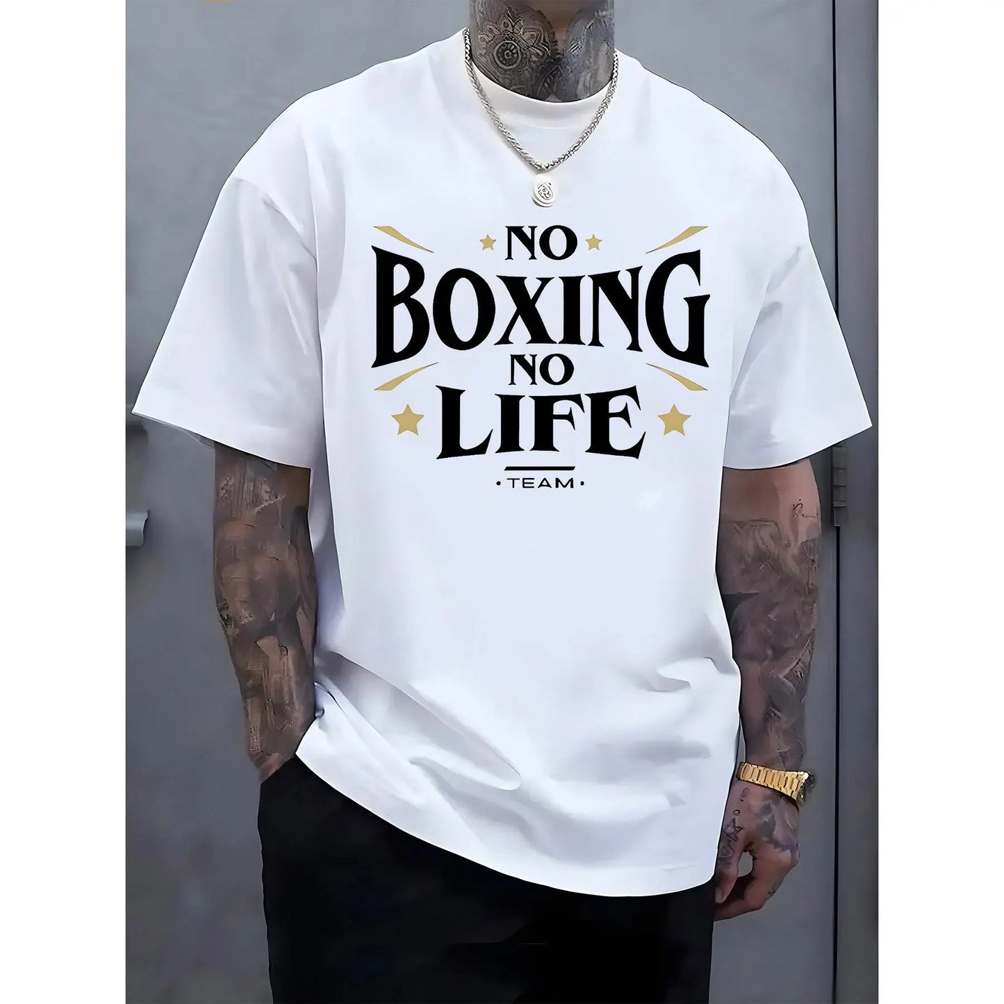 Men's Casual Short Sleeve T-Shirt with "NO BOXING NO LIFE" Graphic Print, Light Grey Regular Fit Round Neck Tee for Summer & Spring Outdoor Activities, Casual Wear, Urban Fashion, Easy Care, Printed Shirt, Streetwear Lovers, Spring Clothing, Streetwear St
