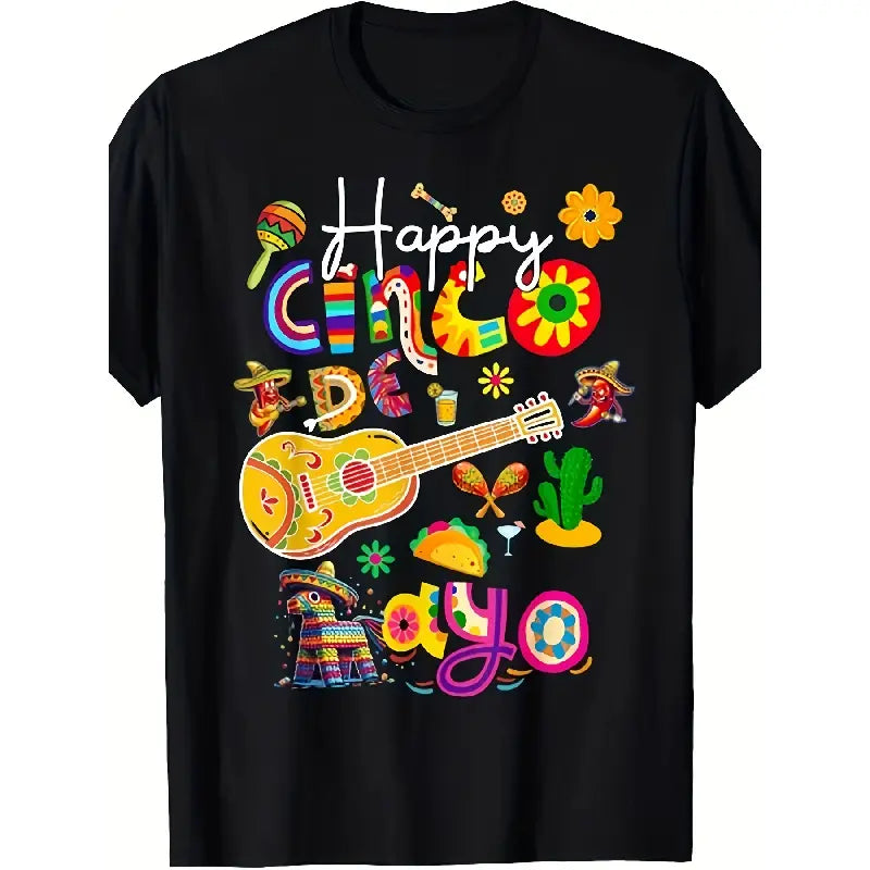 Menswear Short-Sleeve Graphic T-Shirt - Unisex Mexican Fiesta Themed, Retro Sombrero, Maracas, Cacti & Piñatas Print, Vibrant Cinco De Mayo Party Casual Round Neck, Machine Washable Apparel