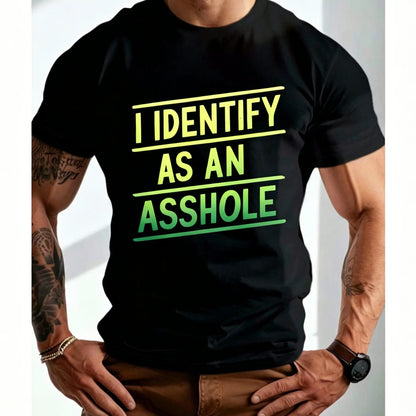 Men's Plus Size "I Identify As An" Graphic Shirt - Bold Statement Mensfashion Casual T-Shirts, Relaxed Fit Short Sleeve, Glossy Polyester Blend, Machine Washable, All-Season Comfort for Casual Attire & Gym Workouts Gym Apparel