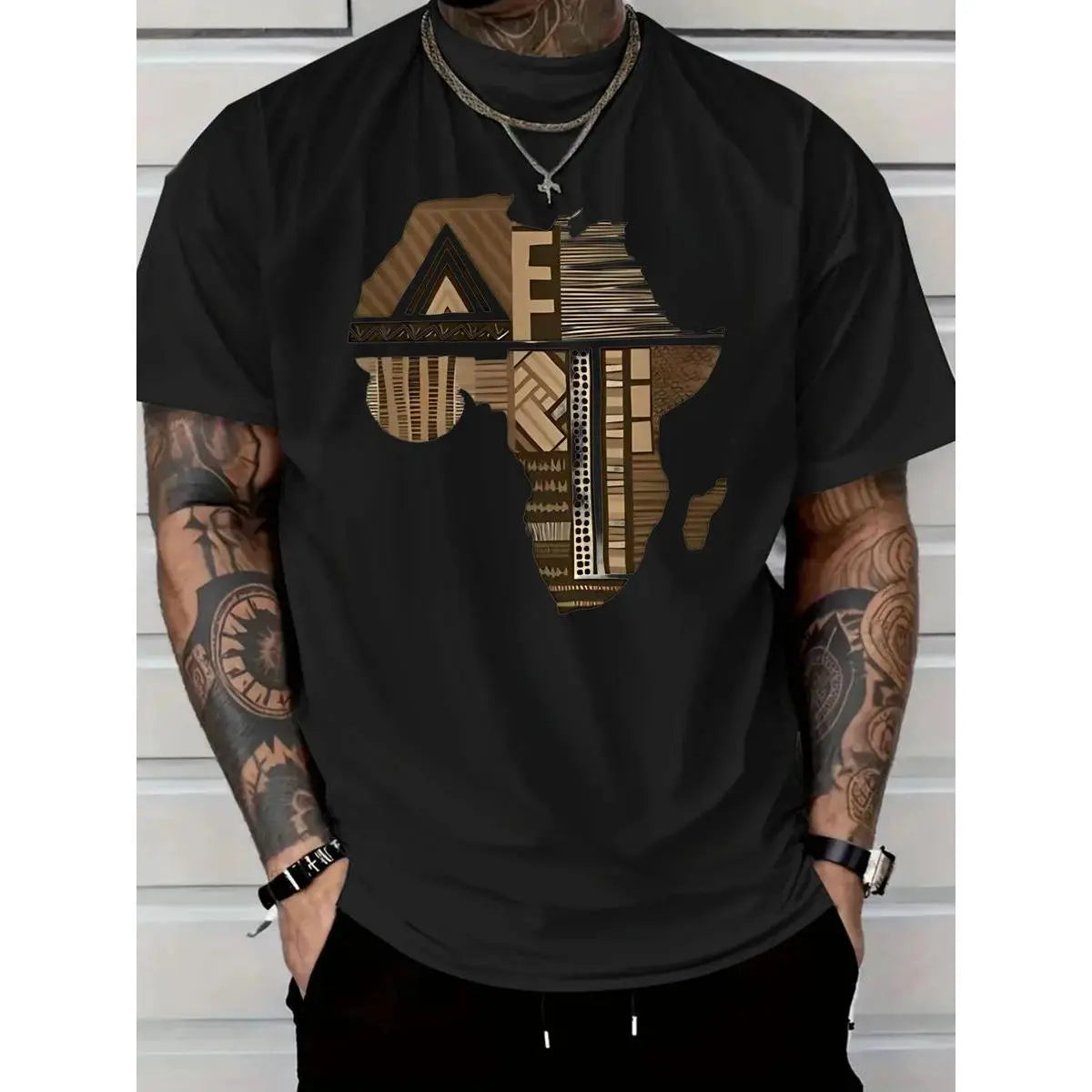 Men's African Map Tribal Shortsleeve Round Neck Tshirt - Beige/Brown/White Graphic Apparel, Soft Cotton, Regular Fit, Ethnic Sports Tops, Sporty Streetwear, Casual Outdoor Wear (Machine Washable),summerwins