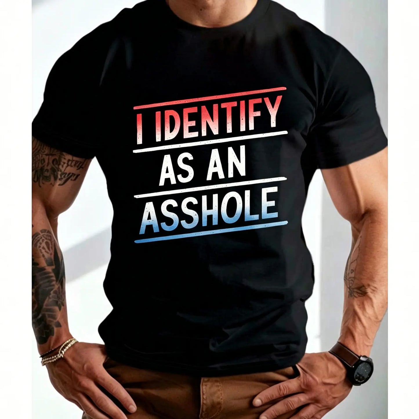 Men's Plus Size "I Identify As An" Graphic Shirt - Bold Statement Mensfashion Casual T-Shirts, Relaxed Fit Short Sleeve, Glossy Polyester Blend, Machine Washable, All-Season Comfort for Casual Attire & Gym Workouts Gym Apparel