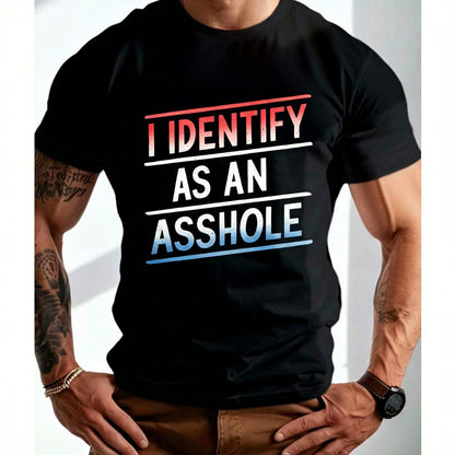 Men's Plus Size "I Identify As An" Graphic Shirt - Bold Statement Mensfashion Casual T-Shirts, Relaxed Fit Short Sleeve, Glossy Polyester Blend, Machine Washable, All-Season Comfort for Casual Attire & Gym Workouts Gym Apparel