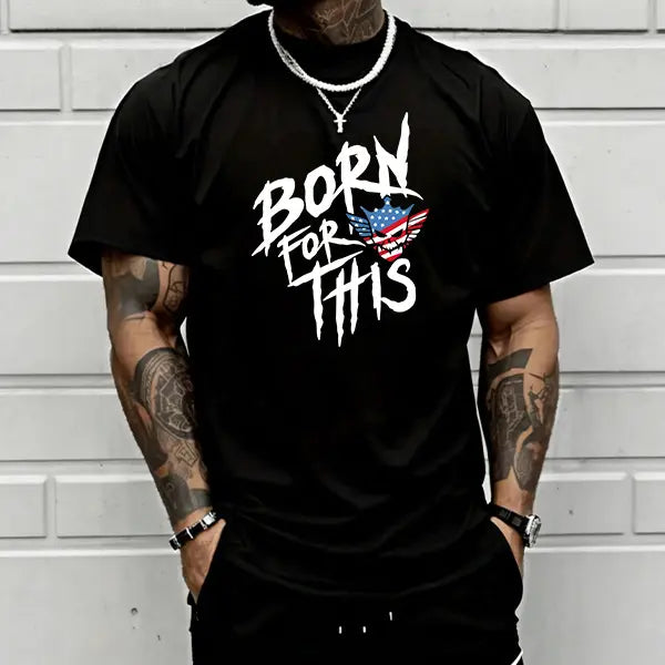 Men’s summer 100%25 cotton loose streetwear T-shirt, “Born for This” American flag skull graphic crew neck tee, edgy patriotic distressed short-sleeve top for everyday urban casual outfits