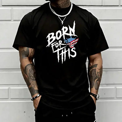 Men’s summer 100%25 cotton loose streetwear T-shirt, “Born for This” American flag skull graphic crew neck tee, edgy patriotic distressed short-sleeve top for everyday urban casual outfits