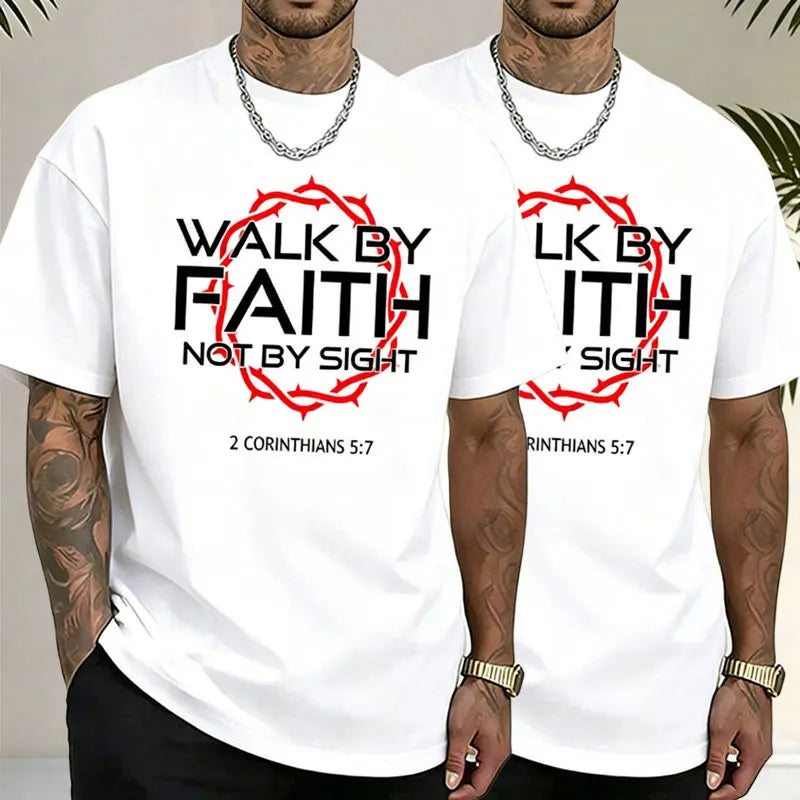 Men’s Christian faith graphic T-shirt, “Walk by faith not by sight” 2 Corinthians 5:7 Bible verse print, oversized short-sleeve casual streetwear tee for everyday wear, church and religious events,father'sdaygifts