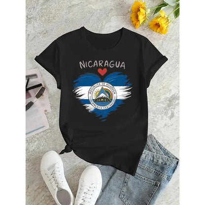 Women's Casual Short Sleeve T-Shirt - I Love Nicaragua Flag & Pledge Graphic Print, Round Neck, Medium Stretch, Machine Washable, All-Season Comfort Top for Casual Attire & National Pride