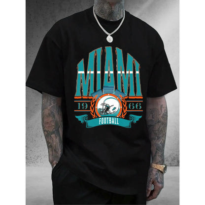 Men's Miami Football Team Graphic T-Shirt - Beige with Teal & Orange Accents, Heavyweight 100%25 Cotton Crewneck Shirt for Gym, Training, Casual Outfits - Perfect Miami Sports Fan Gift, Training Apparel, Bold Print Design, Comfortable Fit, Short Sleeve Te