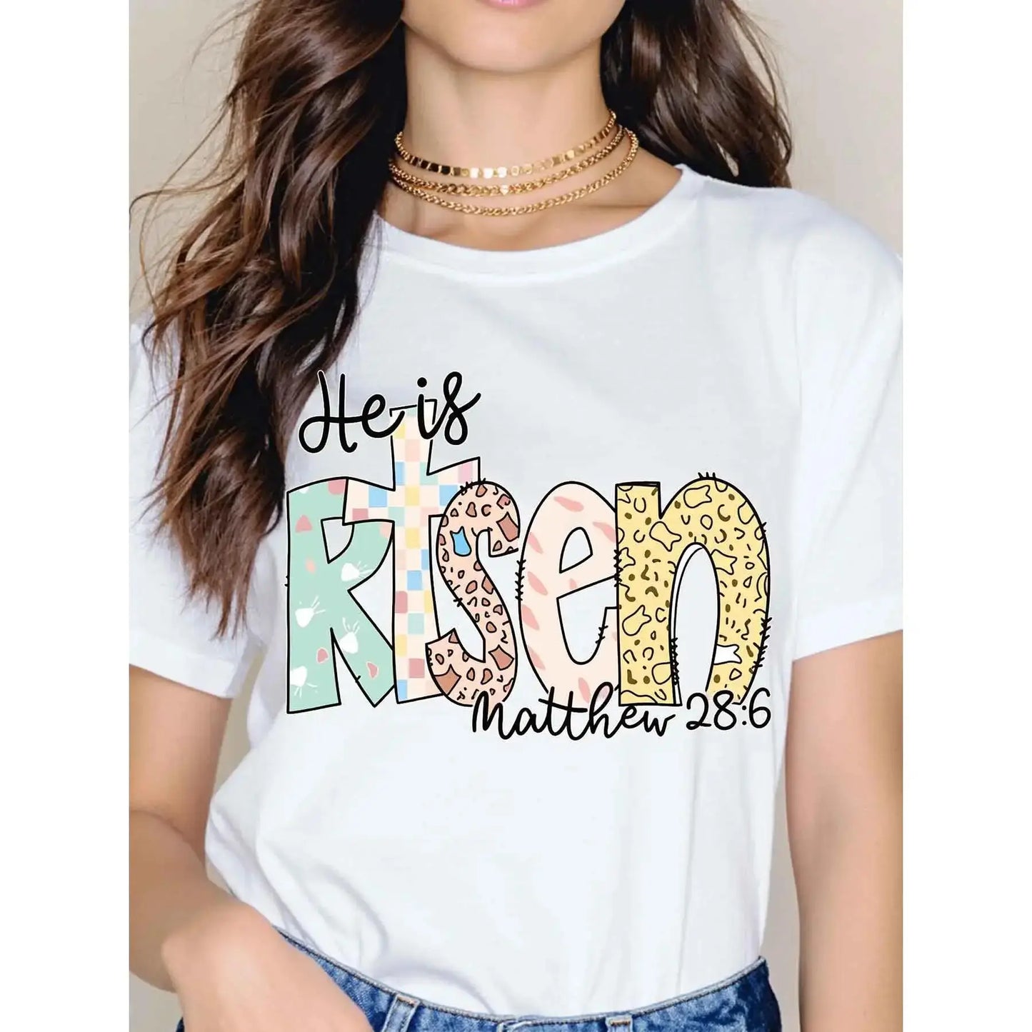 Women Casual T-Shirt White He Is Risen Matthew 28 6 Christian Religious Easter Spring Summer Outfit