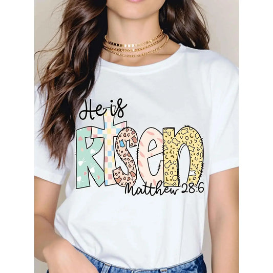 Women Casual T-Shirt White He Is Risen Matthew 28 6 Christian Religious Easter Spring Summer Outfit