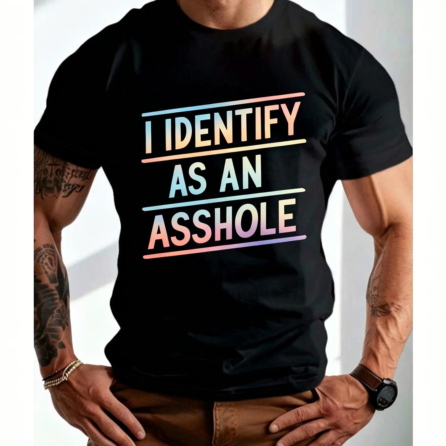 Men's Plus Size "I Identify As An" Graphic Shirt - Bold Statement Mensfashion Casual T-Shirts, Relaxed Fit Short Sleeve, Glossy Polyester Blend, Machine Washable, All-Season Comfort for Casual Attire & Gym Workouts Gym Apparel