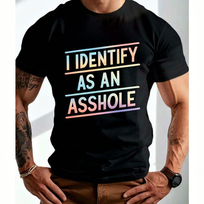 Men's Plus Size "I Identify As An" Graphic Shirt - Bold Statement Mensfashion Casual T-Shirts, Relaxed Fit Short Sleeve, Glossy Polyester Blend, Machine Washable, All-Season Comfort for Casual Attire & Gym Workouts Gym Apparel