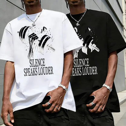 Men’s 100%25 cotton loose-fit fitness graphic T-shirt, TikTok trend 2025, dumbbell street-style design, relaxed oversized urban casual short sleeve—an absolute must-buy under $10., Shortsleeve, Stylish, Menswear, Round Neck