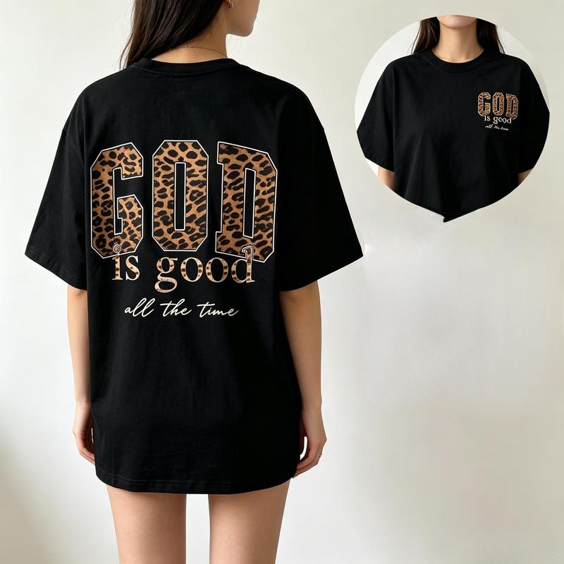 Women's 100% Cotton Vintage Loose-Fit Leopard Print Graphic Tees - Unisex, God Is Good All The Time Design, Crew Neck, Short Sleeve, All-Seasons, Machine Wash Casual Sports Top, Graphic Tees Women