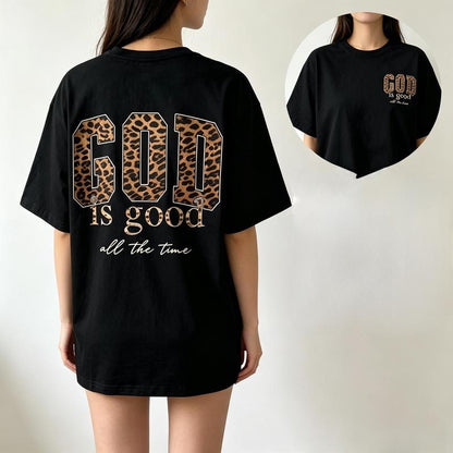 Women's 100% Cotton Vintage Loose-Fit Leopard Print Graphic Tees - Unisex, God Is Good All The Time Design, Crew Neck, Short Sleeve, All-Seasons, Machine Wash Casual Sports Top, Graphic Tees Women