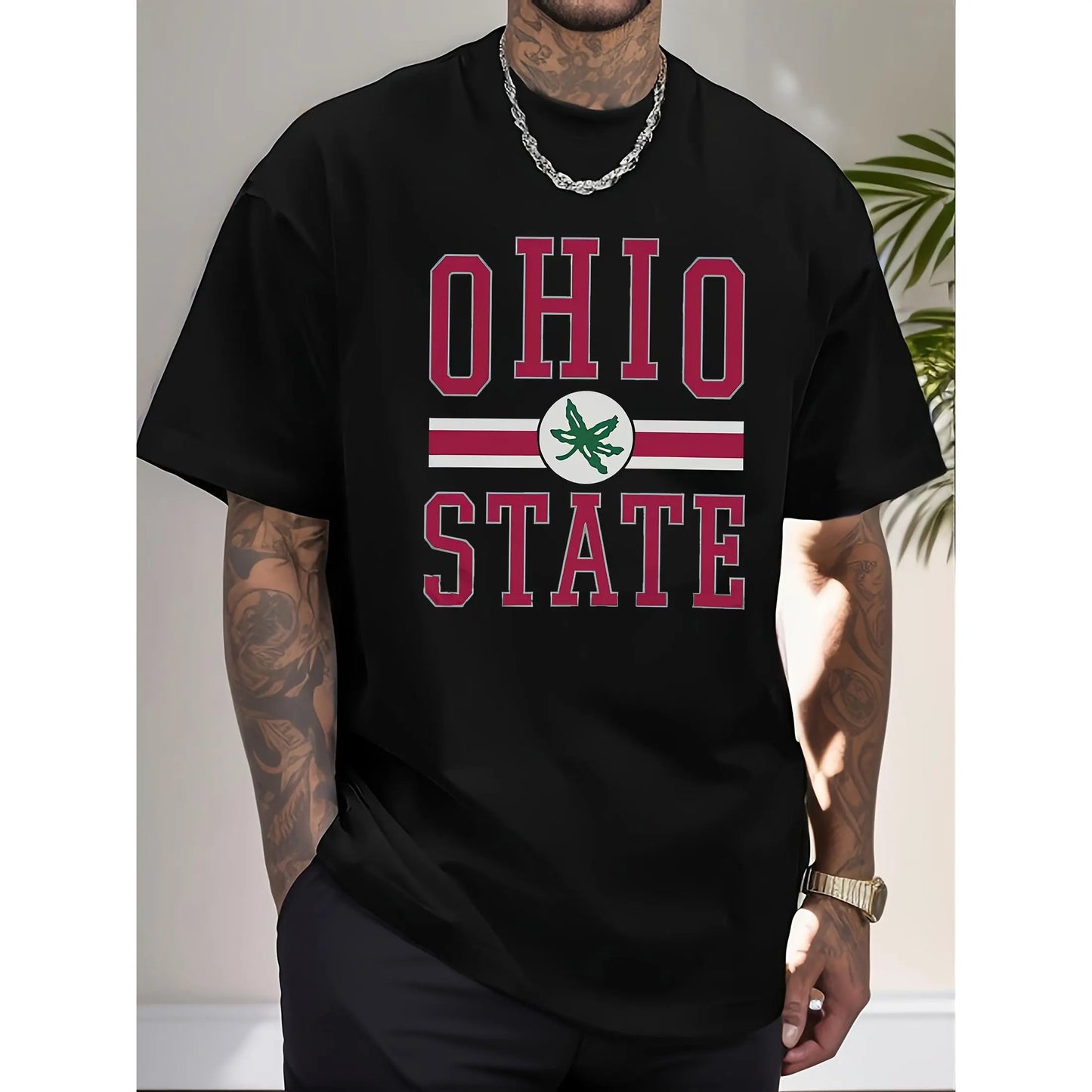 Men'S Cotton T-shirt, Casual Crew Neck T-shirt, Fashion Ohio State Print, Short Sleeve, Machine Washable, Suitable for All Seasons