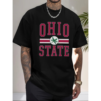 Men'S Cotton T-shirt, Casual Crew Neck T-shirt, Fashion Ohio State Print, Short Sleeve, Machine Washable, Suitable for All Seasons