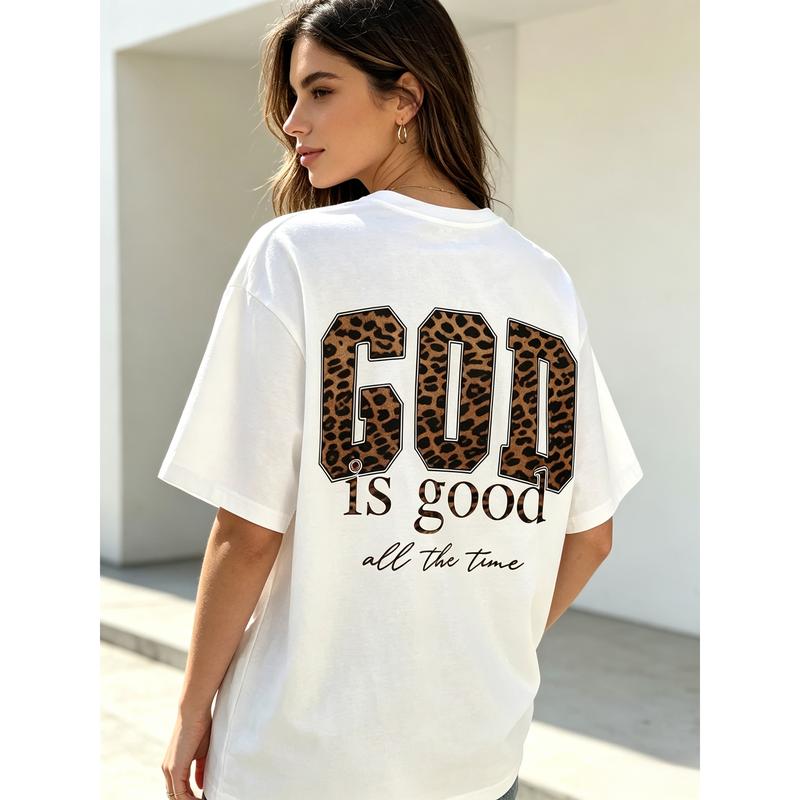 Women's 100% Cotton Vintage Loose-Fit Leopard Print Graphic Tees - Unisex, God Is Good All The Time Design, Crew Neck, Short Sleeve, All-Seasons, Machine Wash Casual Sports Top, Graphic Tees Women
