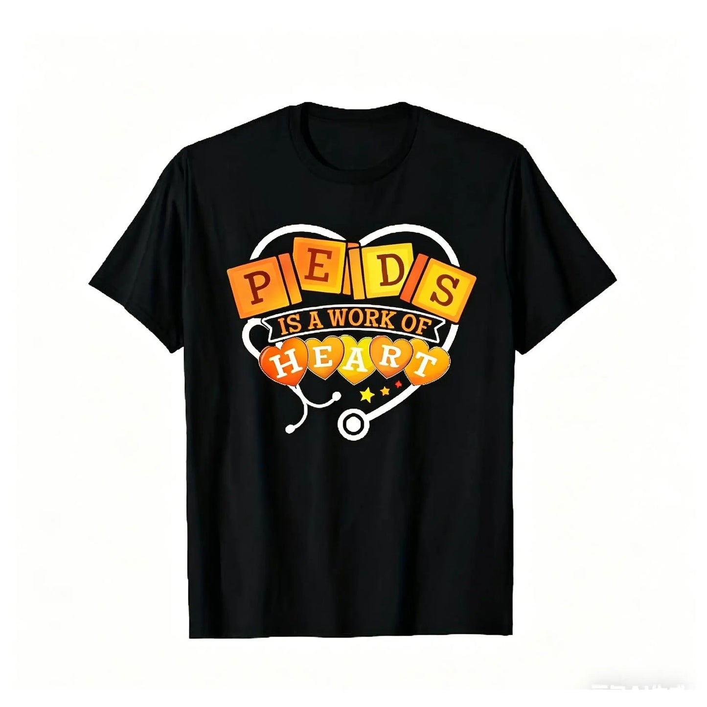 Men's Peds-Themed Medical Alphabet T-Shirt - Menswear Short-Sleeve Casual T-Shirt for Pediatric Nurses/Pediatricians, Heart-Inspired Lettering with Medical Symbols, Unisex Retro Round Neck Black Tee, Shortsleeve Top Tshirt