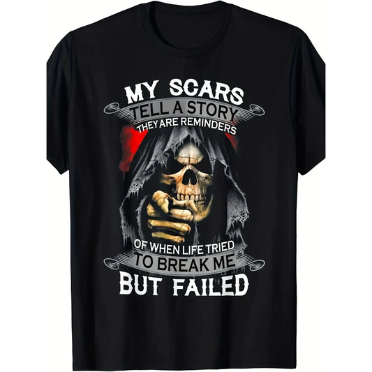 Men's Vintage Gothic T-Shirt with "My Scars Tell A Story" Skull Graphic, Breathable Fabric Round Neck Shortsleeve Apparel, Regular Fit for Casual Festival Wear