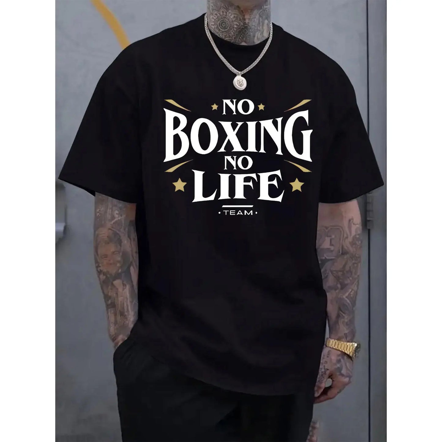 Men's Casual Short Sleeve T-Shirt with "NO BOXING NO LIFE" Graphic Print, Light Grey Regular Fit Round Neck Tee for Summer & Spring Outdoor Activities, Casual Wear, Urban Fashion, Easy Care, Printed Shirt, Streetwear Lovers, Spring Clothing, Streetwear St