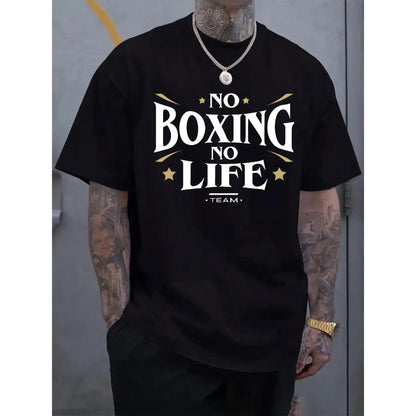 Men's Casual Short Sleeve T-Shirt with "NO BOXING NO LIFE" Graphic Print, Light Grey Regular Fit Round Neck Tee for Summer & Spring Outdoor Activities, Casual Wear, Urban Fashion, Easy Care, Printed Shirt, Streetwear Lovers, Spring Clothing, Streetwear St