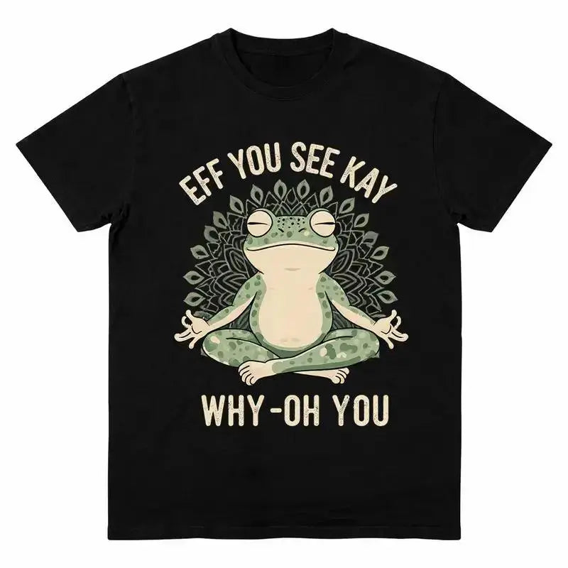 Women's Casual Cotton Short-Sleeve Fabric T-Shirt, Funny EFF YOU SEE KAY Frog Meditation Graphic with Retro Cream Text & Green Mandala Art, Oversized Seamless Top for Women