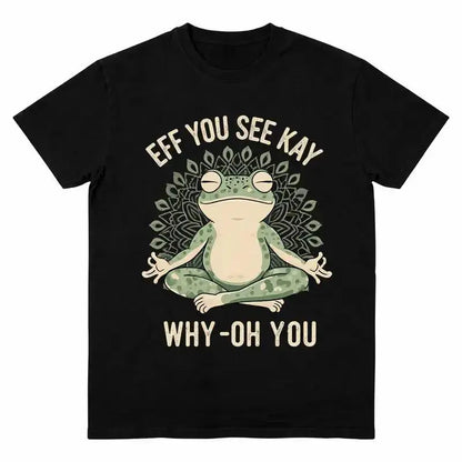 Women's Casual Cotton Short-Sleeve Fabric T-Shirt, Funny EFF YOU SEE KAY Frog Meditation Graphic with Retro Cream Text & Green Mandala Art, Oversized Seamless Top for Women