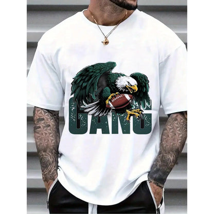 Men's Athletic Graphic T-Shirt - White Tee with Eagle Football Design - Heavyweight 100%25 Cotton Shirt for Gym, Sports Fans - Machine Washable Everyday Casual Wear, Sports T Shirt, Gift for Sports Fans, Bold Printed Design, Breathable Fabric, Workout Clo