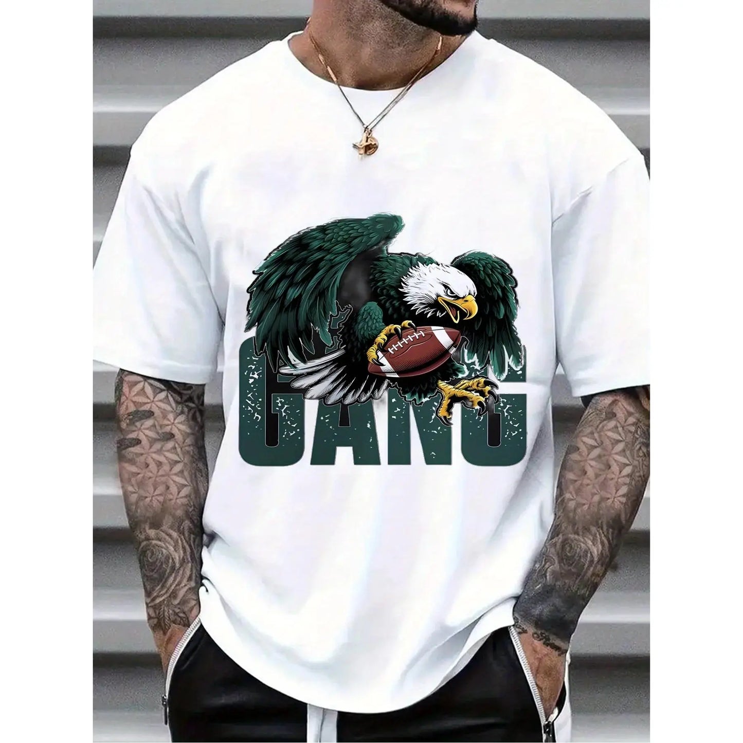 Men's Athletic Graphic T-Shirt - White Tee with Eagle Football Design - Heavyweight 100%25 Cotton Shirt for Gym, Sports Fans - Machine Washable Everyday Casual Wear, Sports T Shirt, Gift for Sports Fans, Bold Printed Design, Breathable Fabric, Workout Clo