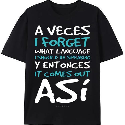 #TikTokShopRestock  Plus Size [Breathable Cotton] Funny Spanish Quote T-Shirt - "A Veces I Forget What Language" Men's Casual Cotton Tee, Black with White & Blue Print, Round Neck, Perfect for Outdoor Activities & Casual Attire