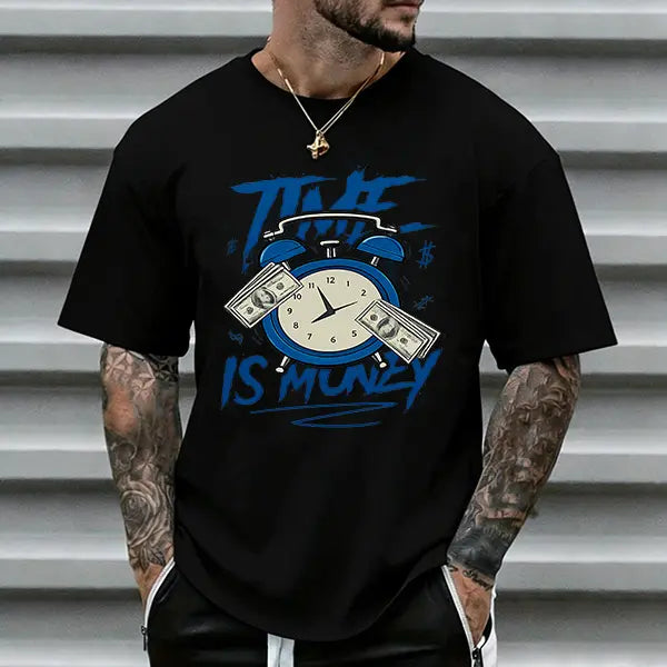 Men’s loose-fit heavyweight cotton T-shirt featuring a dollar bill and alarm clock graphic; trendy hustle culture casual style; best-selling hip-hop money fashion top with graffiti slogans in street style and retro blue sketch design., Menswear, Shortslee