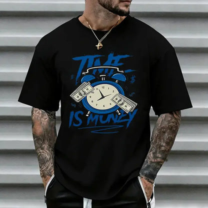 Men’s loose-fit heavyweight cotton T-shirt featuring a dollar bill and alarm clock graphic; trendy hustle culture casual style; best-selling hip-hop money fashion top with graffiti slogans in street style and retro blue sketch design., Menswear, Shortslee