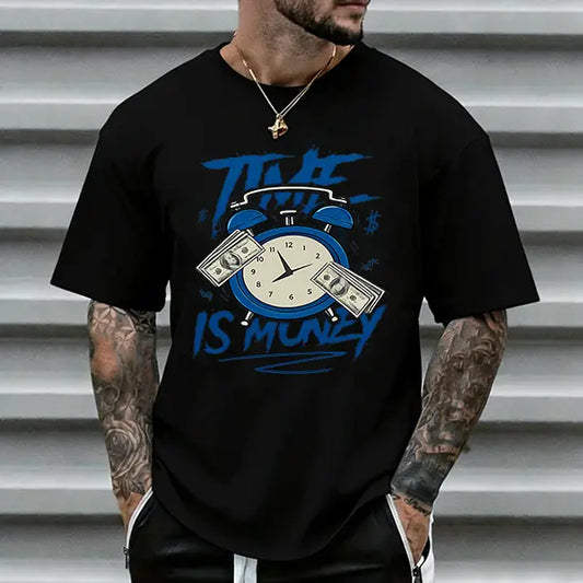 Men’s loose-fit heavyweight cotton T-shirt featuring a dollar bill and alarm clock graphic; trendy hustle culture casual style; best-selling hip-hop money fashion top with graffiti slogans in street style and retro blue sketch design., Menswear, Shortslee