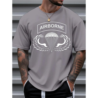 Mens Clothes, T Shirts for Men, Casual Style Design with Print, 100%25 Pure Cotton Fabric, Shirts for Men, Airborne Parachute Pattern Printed Short Sleeve T-Shirt, Military Style, Crew Neck, Loose Fit, Suitable for Daily And Outdoor Wear in Summer