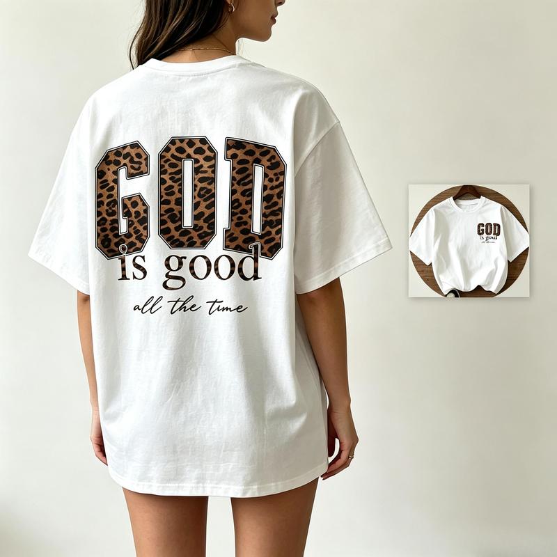Women's 100% Cotton Vintage Loose-Fit Leopard Print Graphic Tees - Unisex, God Is Good All The Time Design, Crew Neck, Short Sleeve, All-Seasons, Machine Wash Casual Sports Top, Graphic Tees Women
