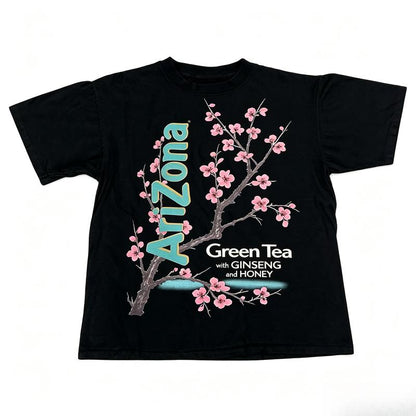 Men's Customized Fitted Cut Short-Sleeve T-Shirt - Vintage Arizona Green Tea Cherry Blossom Print, Round Neck Textured Knit, Casual Chic Streetwear Top, Menswear Gift