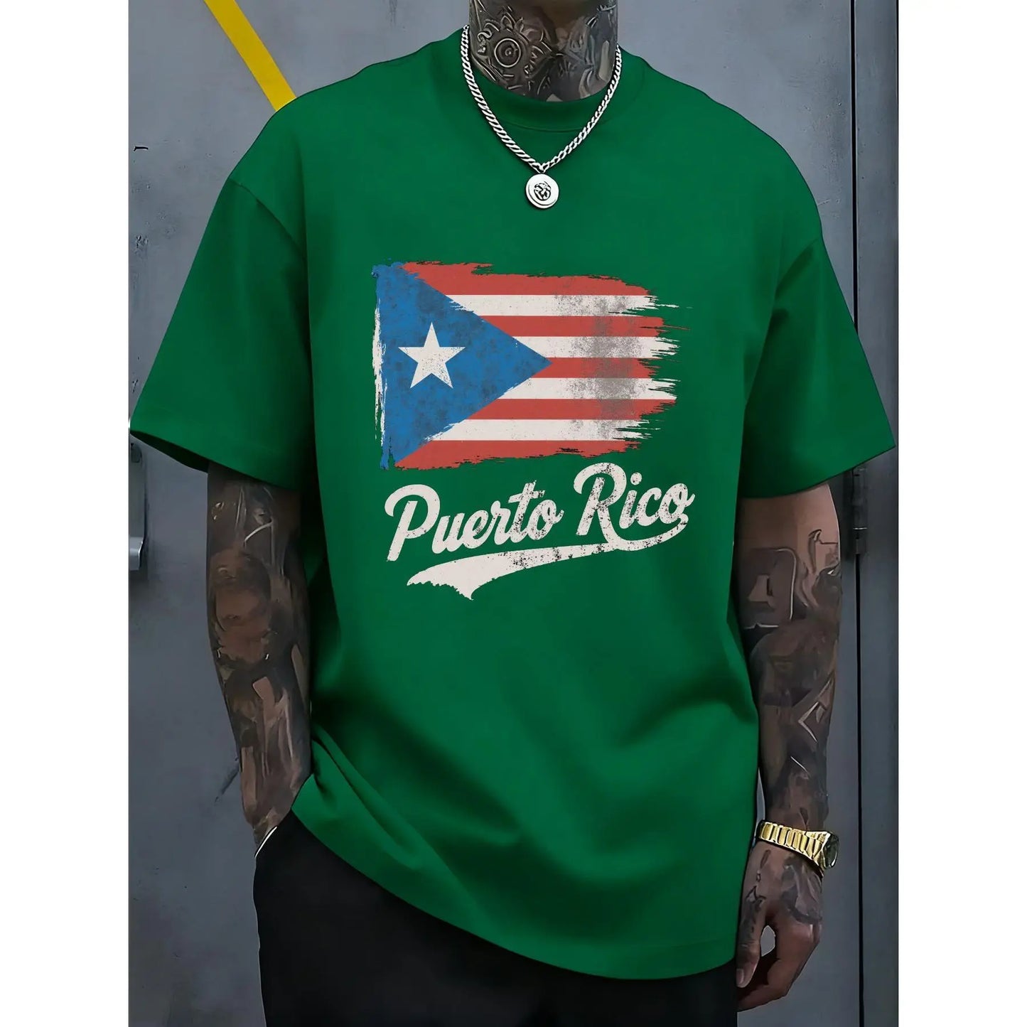 100%25 Single-Sided Crew Neck T-shirt | Distressed Puerto Rican Flag with Puerto Rico Text in White Cursive Font, Multicolor, Casual Outfit, Perfect for Festival Gift Giving