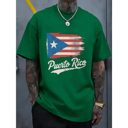 100%25 Single-Sided Crew Neck T-shirt | Distressed Puerto Rican Flag with Puerto Rico Text in White Cursive Font, Multicolor, Casual Outfit, Perfect for Festival Gift Giving