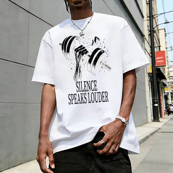 Men’s 100%25 cotton loose-fit fitness graphic T-shirt, TikTok trend 2025, dumbbell street-style design, relaxed oversized urban casual short sleeve—an absolute must-buy under $10., Shortsleeve, Stylish, Menswear, Round Neck