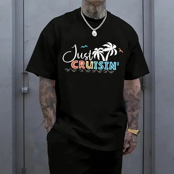 Men’s “Just Cruisin’” summer graphic T-shirt with palm tree print, made from a soft cotton blend—perfect for beach trips, casual outings, summer vacations, and everyday street style.